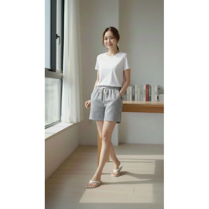 Pötikareli Şort – Beli Lastikli Bağcıklı, Cepli, Rahat Kesim Günlük Yazlık Şort - Füme