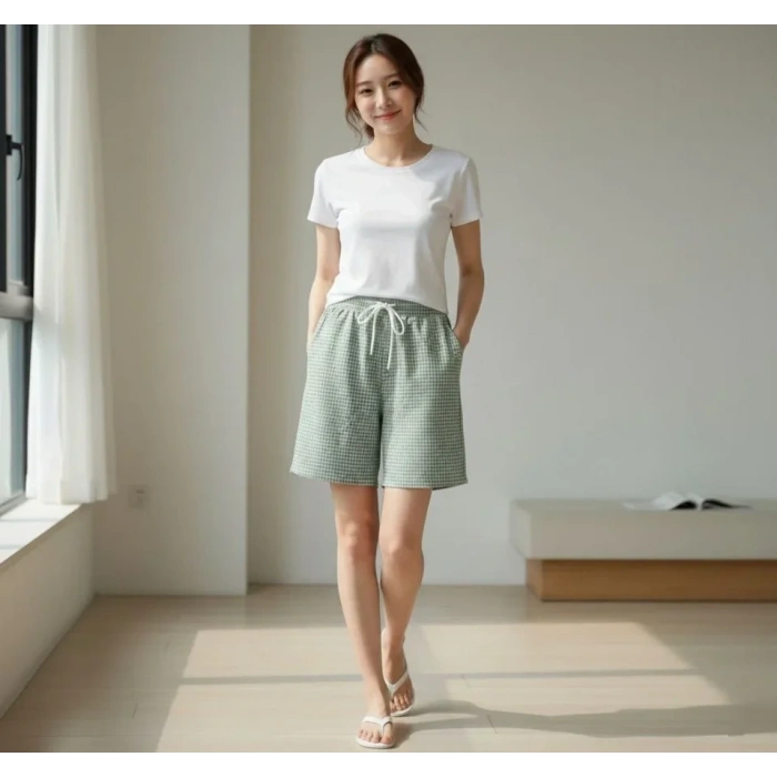 Pötikareli Şort – Beli Lastikli Bağcıklı, Cepli, Rahat Kesim Günlük Yazlık Şort - Mint Yeşili