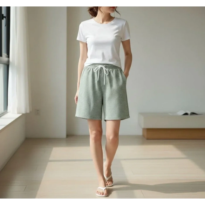Pötikareli Şort – Beli Lastikli Bağcıklı, Cepli, Rahat Kesim Günlük Yazlık Şort - Mint Yeşili