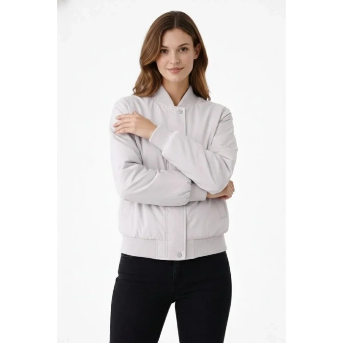 Premium Bomber Ceket Çıtçıt Kapamalı, Ribana Manşetli, Astarlı, Regular Fit Mont - Beyaz