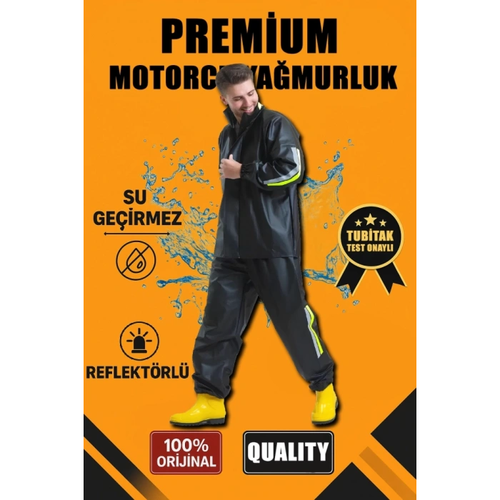 Premium Motorcu Kurye Yağmurluk Takım Su Geçirmez PVC Kumaş Reflektörlü TÜBİTAK Onaylı - Siyah