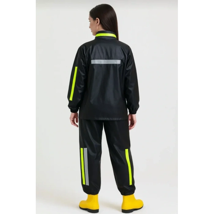 Premium Motorcu Kurye Yağmurluk Takım Su Geçirmez PVC Kumaş Reflektörlü TÜBİTAK Onaylı - Siyah