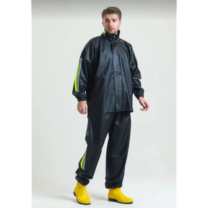 Premium Motorcu Kurye Yağmurluk Takım Su Geçirmez PVC Kumaş Reflektörlü TÜBİTAK Onaylı - Siyah