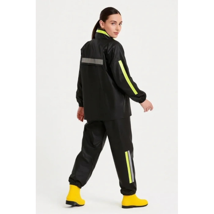 Premium Motorcu Kurye Yağmurluk Takım Su Geçirmez PVC Kumaş Reflektörlü TÜBİTAK Onaylı - Siyah