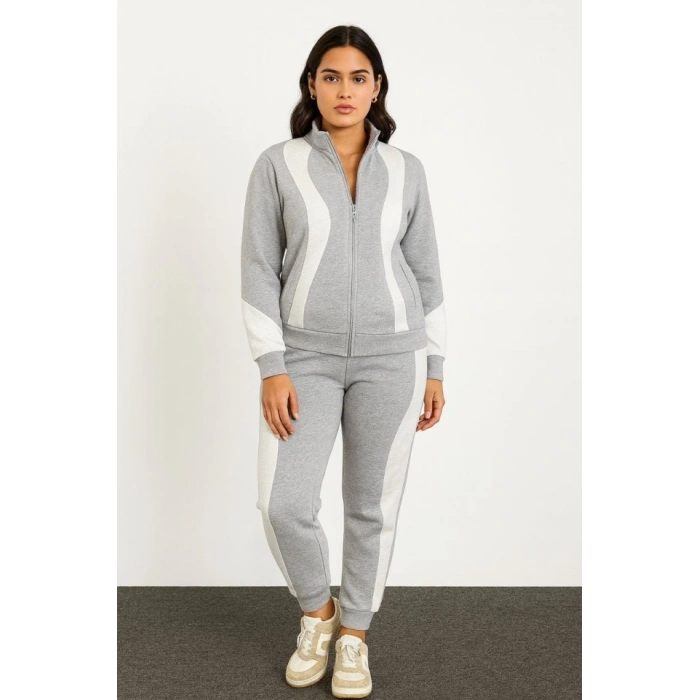 Premium Parçalı Eşofman Takım - Dik Yaka Fermuarlı Sweatshirt - Gri