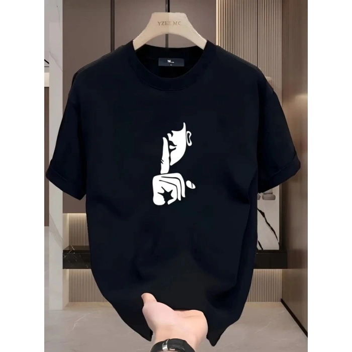 Rahat Bisiklet Yaka Tişört, Yaratıcı Karikatür Baskı - Yumuşak Polyester, Her Mevsim Giyilebilir- Siyah