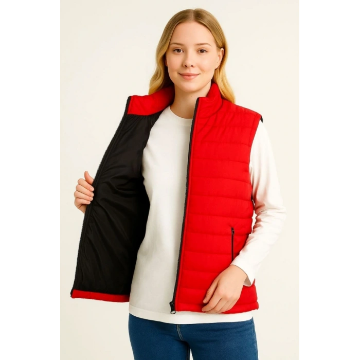 Şişme Fermuarlı Yelek Su Itici Kapitone Astarlı Kumaş Cepli Hafif Kışlık Spor Rahat Kalıp - Kırmızı