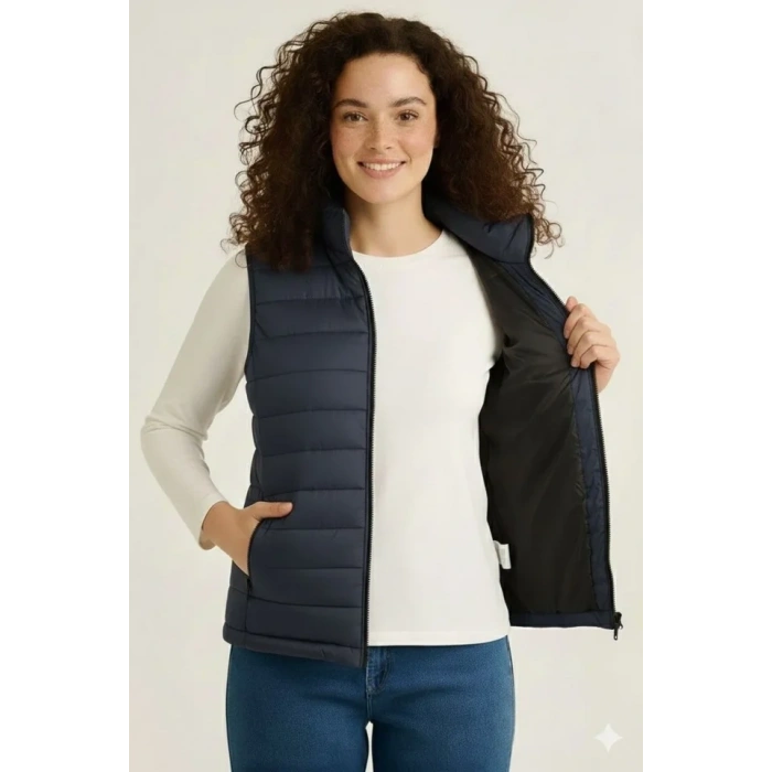 Şişme Fermuarlı Yelek Su Itici Kapitone Astarlı Kumaş Cepli Hafif Kışlık Spor Rahat Kalıp - Lacivert