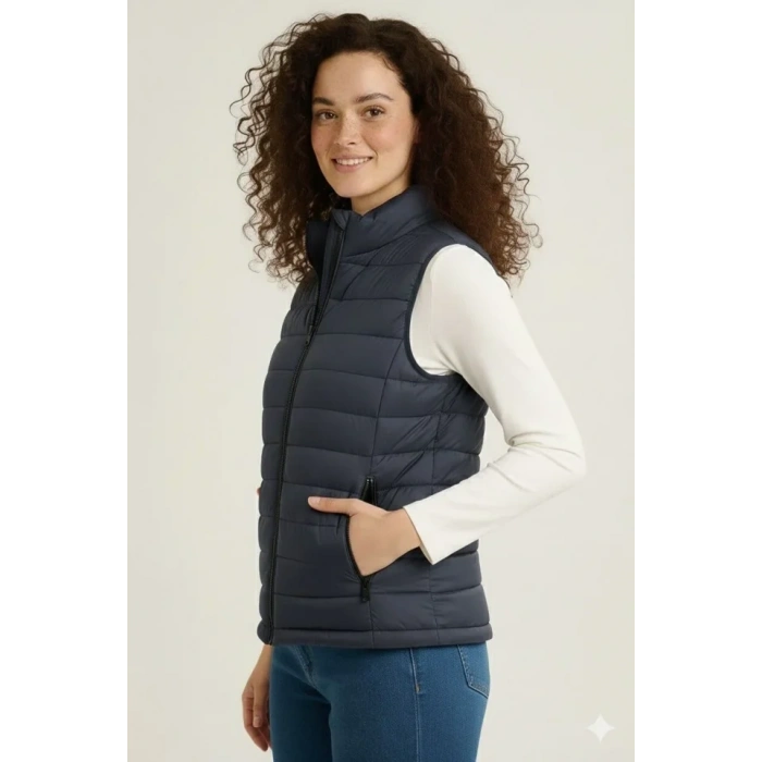 Şişme Fermuarlı Yelek Su Itici Kapitone Astarlı Kumaş Cepli Hafif Kışlık Spor Rahat Kalıp - Lacivert