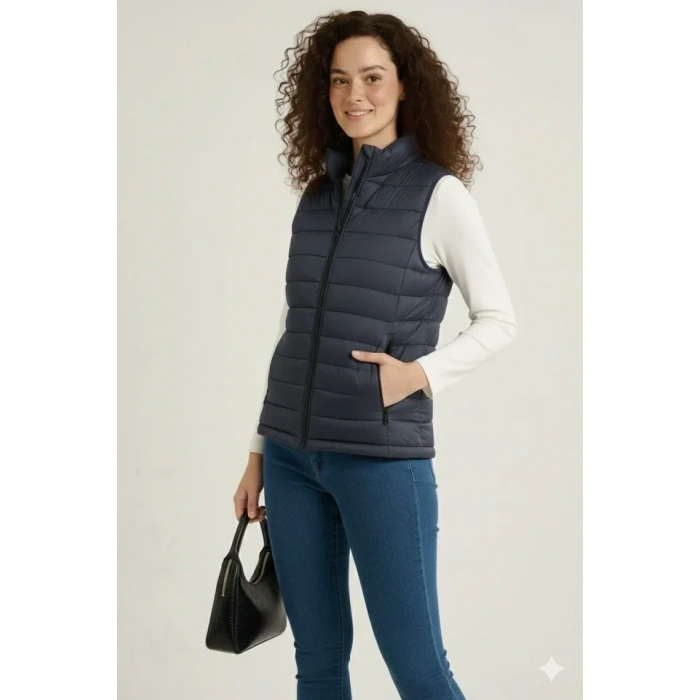 Şişme Fermuarlı Yelek Su Itici Kapitone Astarlı Kumaş Cepli Hafif Kışlık Spor Rahat Kalıp - Lacivert