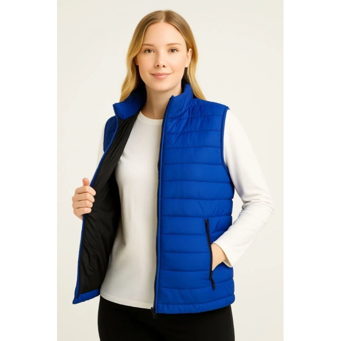 Şişme Fermuarlı Yelek Su Itici Kapitone Astarlı Kumaş Cepli Hafif Kışlık Spor Rahat Kalıp - Saks Mavisi