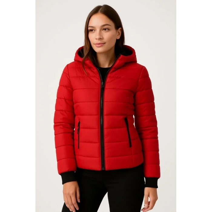 Şişme Kapüşonlu Fermuarlı Mont Su Itici Kapitone Astarlı Kumaş Cepli Kışlık Rahat Kalıp - Kırmızı