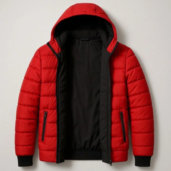 Şişme Kapüşonlu Fermuarlı Mont Su Itici Kapitone Astarlı Kumaş Cepli Kışlık Rahat Kalıp - Kırmızı