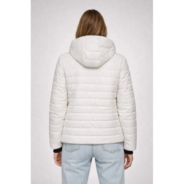 Şişme Kapüşonlu Fermuarlı Mont Su Itici Kapitone Astarlı Kumaş Cepli Kışlık Rahat Kalıp - Krem