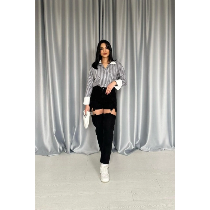 Siyah Askılı İki Parça Jeans Pantolon