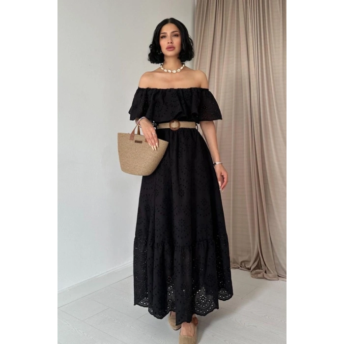 Yeşil Omzu Lastikli Brode Elbise