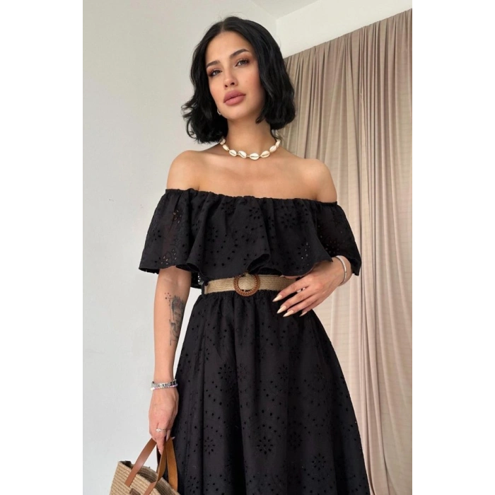 Yeşil Omzu Lastikli Brode Elbise