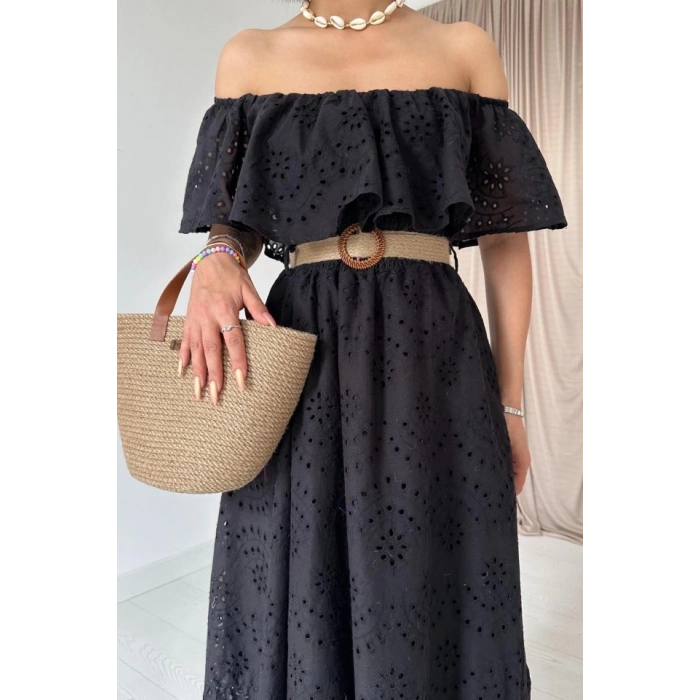 Yeşil Omzu Lastikli Brode Elbise