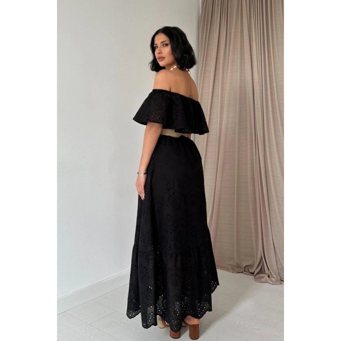 Yeşil Omzu Lastikli Brode Elbise