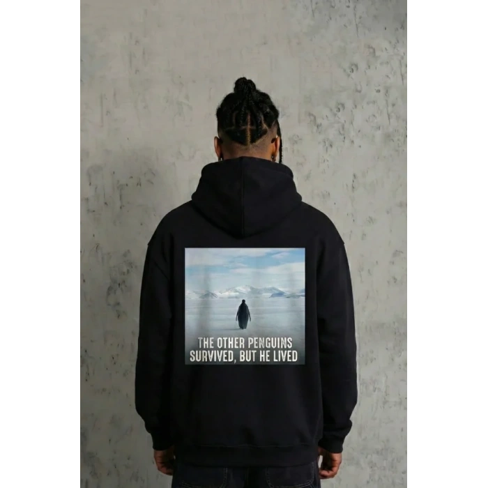 Siyah Oversize Hoodie - Sırt Baskılı Survivor Penguin Temalı, Felsefi Yazılı Kapüşonlu Sweatshirt - Siyah
