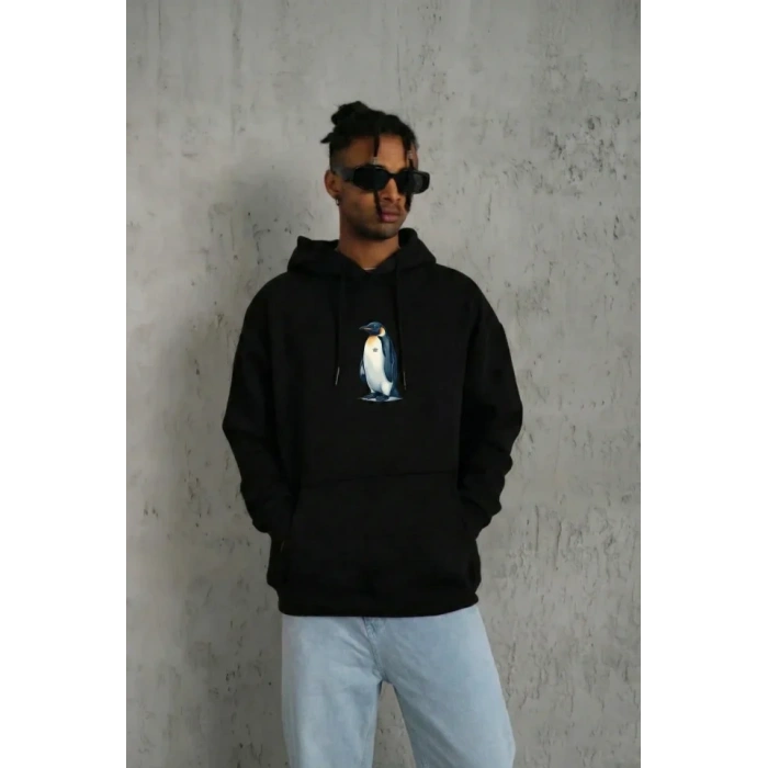 Siyah Oversize Hoodie - Sırt Baskılı Survivor Penguin Temalı, Felsefi Yazılı Kapüşonlu Sweatshirt - Siyah