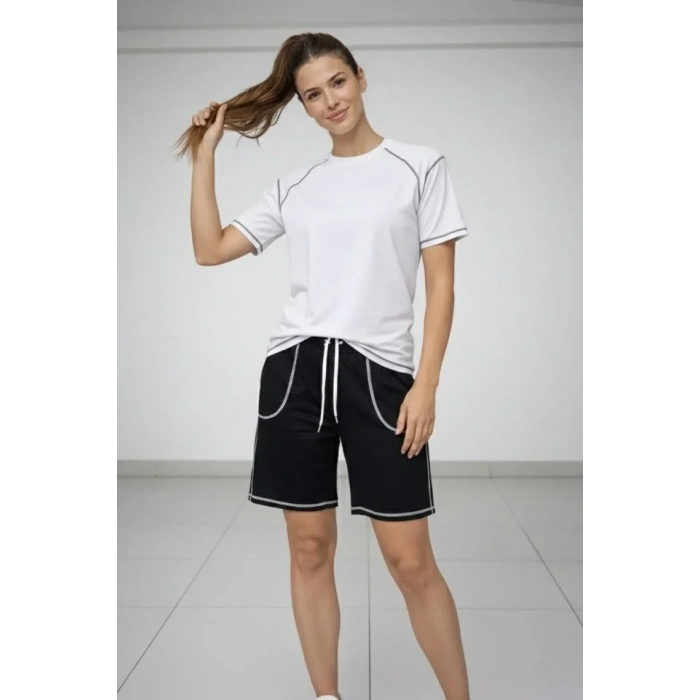Spor Tişört Şort Takım Kontrast Dikiş Detaylı Ovarsize Rahat Kalıp - Beyaz
