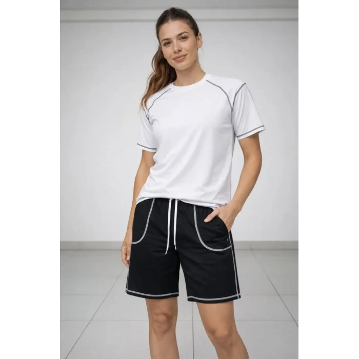 Spor Tişört Şort Takım Kontrast Dikiş Detaylı Ovarsize Rahat Kalıp - Beyaz