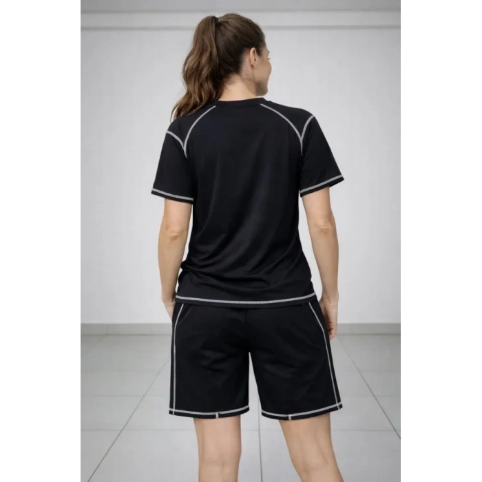 Spor Tişört Şort Takım Kontrast Dikiş Detaylı Ovarsize Rahat Kalıp - Siyah