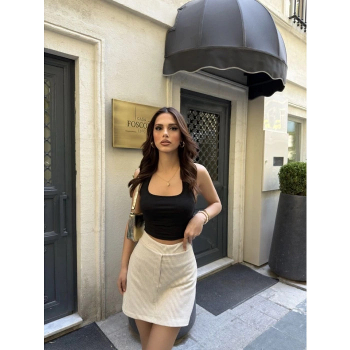 Su Yolu Çizgili Kolay Kombinle Ne Bilir Mini Boy Etek - Bej