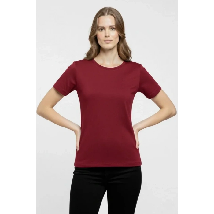 T-Shirt Bisiklet Yaka Slim Fit Likralı Tişört Günlük Basic Body - Bordo