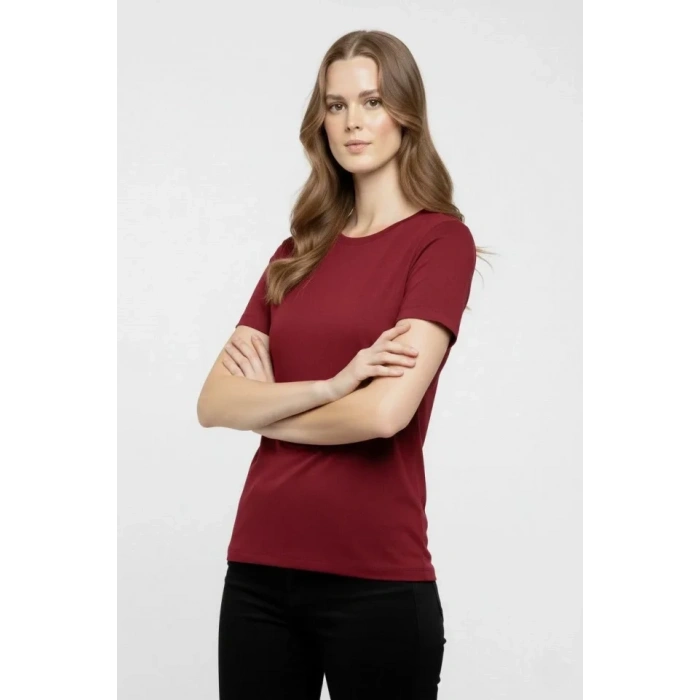 T-Shirt Bisiklet Yaka Slim Fit Likralı Tişört Günlük Basic Body - Bordo