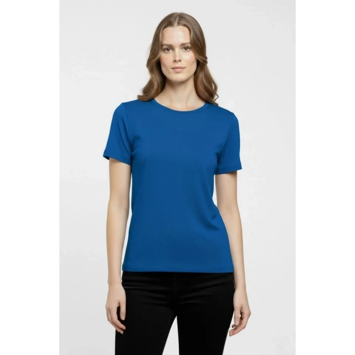 T-Shirt Bisiklet Yaka Slim Fit Likralı Tişört Günlük Basic Body - İndigo