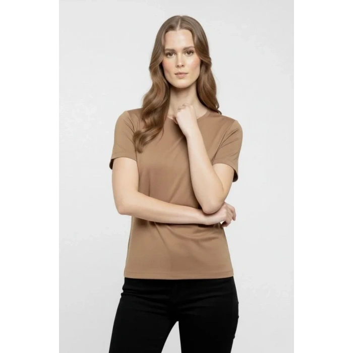 T-Shirt Bisiklet Yaka Slim Fit Likralı Tişört Günlük Basic Body - Kahverengi