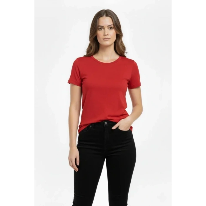 T-Shirt Bisiklet Yaka Slim Fit Likralı Tişört Günlük Basic Body - Kırmızı
