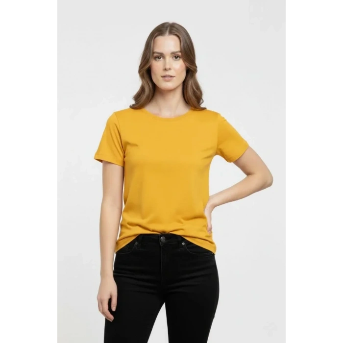T-Shirt Bisiklet Yaka Slim Fit Likralı Tişört Günlük Basic Body - Sarı