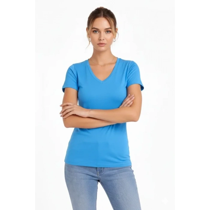 T-Shirt V Yaka Slim Fit Likralı Tişört Günlük Basic Body - Açık Mavi
