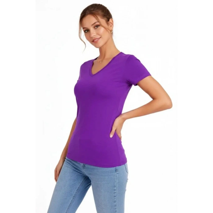 T-Shirt V Yaka Slim Fit Likralı Tişört Günlük Basic Body - Mor