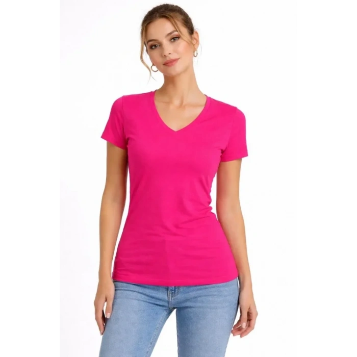 T-Shirt V Yaka Slim Fit Likralı Tişört Günlük Basic Body - Pembe