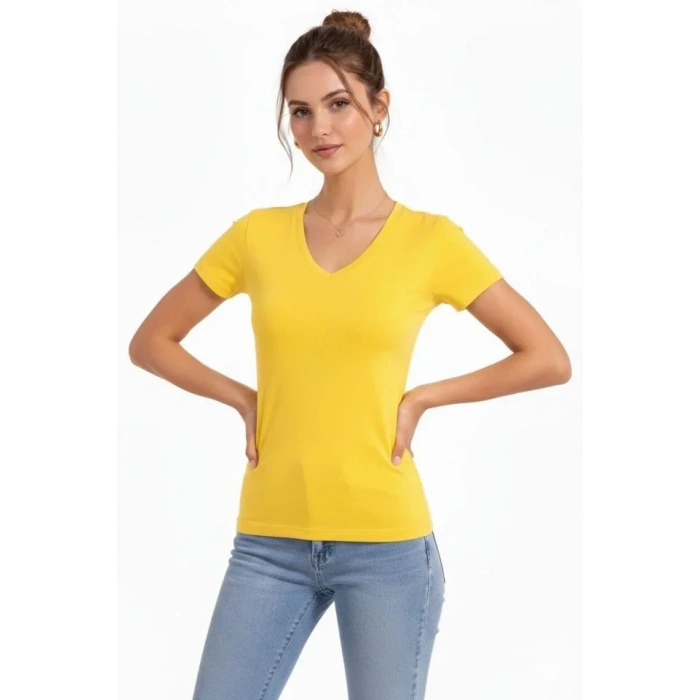 T-Shirt V Yaka Slim Fit Likralı Tişört Günlük Basic Body - Sarı