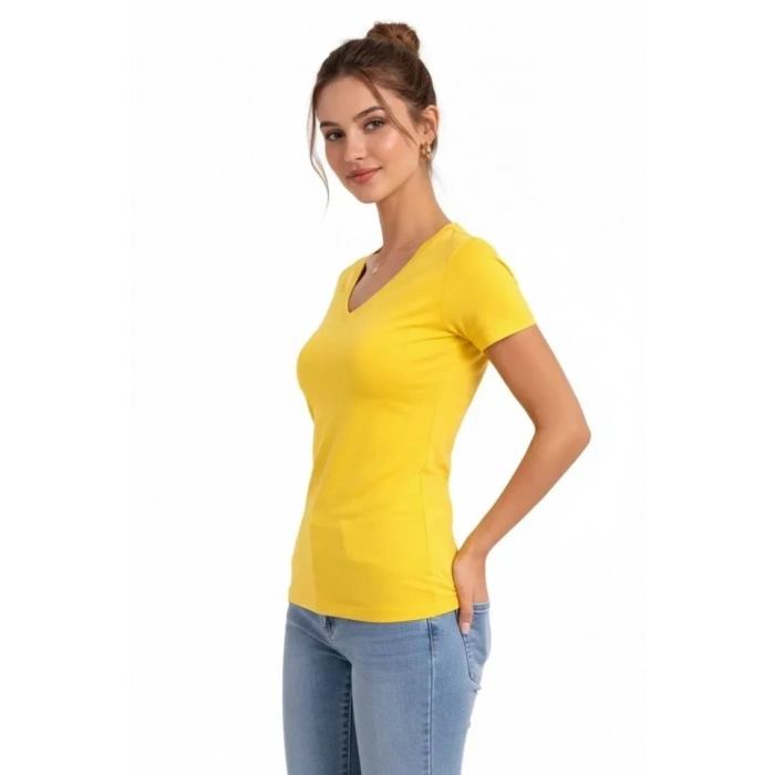 T-Shirt V Yaka Slim Fit Likralı Tişört Günlük Basic Body - Sarı