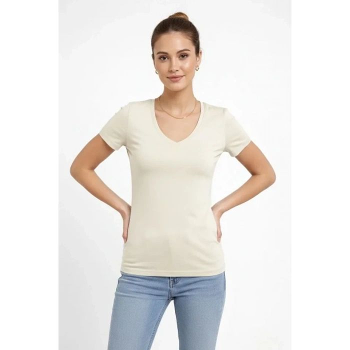 T-Shirt V Yaka Slim Fit Likralı Tişört Günlük Basic Body - Taş