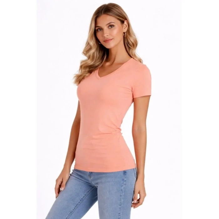 T-Shirt V Yaka Slim Fit Likralı Tişört Günlük Basic Body - Toz Pembe