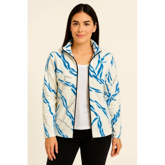 Tam Fermuarlı Desenli Polar Sweat Lightning Desen Yakalı, Uzun Kollu, Oversize Rahat Kalıp - Beyaz