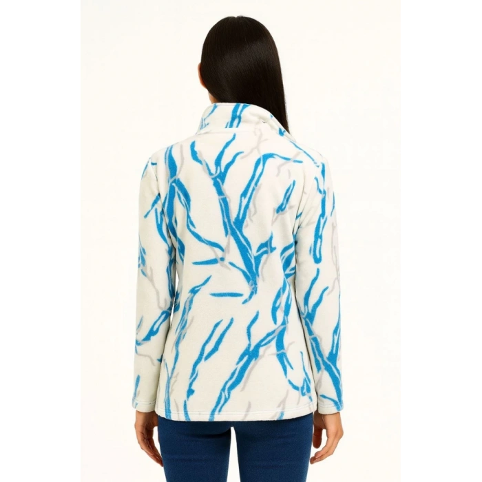 Tam Fermuarlı Desenli Polar Sweat Lightning Desen Yakalı, Uzun Kollu, Oversize Rahat Kalıp - Beyaz
