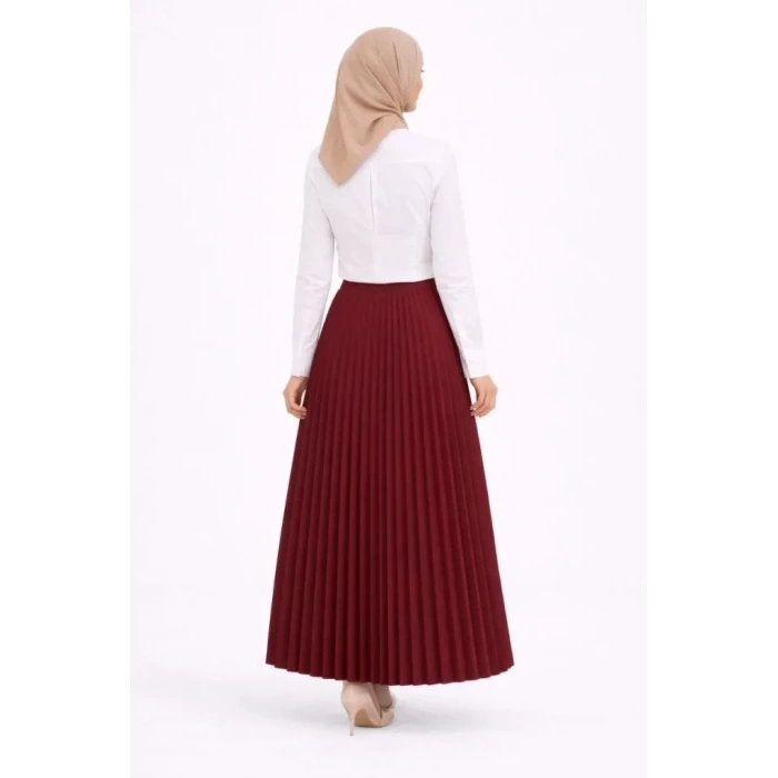 Tesettür Beyaz Gömlekli Pliseli Etek İkili Takım Gündelik Ve Ofis Şıklığı - Bordo