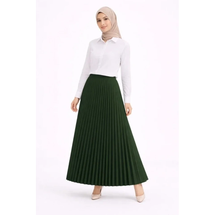 Tesettür Beyaz Gömlekli Pliseli Etek İkili Takım Gündelik Ve Ofis Şıklığı - Çağla Yeşili