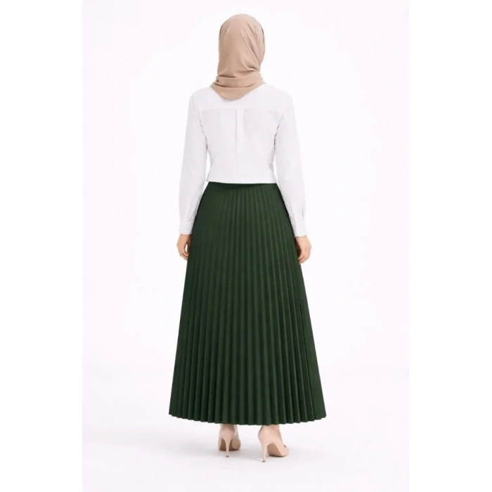 Tesettür Beyaz Gömlekli Pliseli Etek İkili Takım Gündelik Ve Ofis Şıklığı - Çağla Yeşili