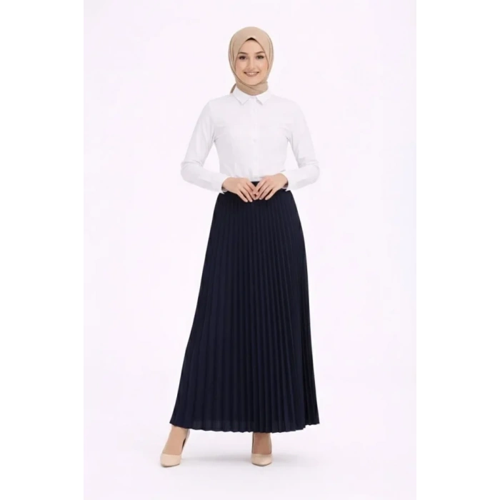 Tesettür Beyaz Gömlekli Pliseli Etek İkili Takım Gündelik Ve Ofis Şıklığı - Lacivert
