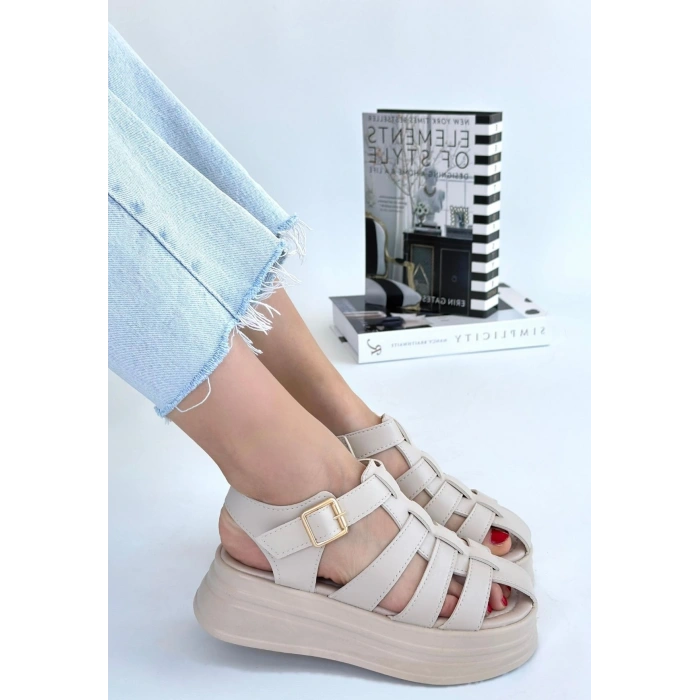 Toten Bej Cilt Kemerli Sandalet