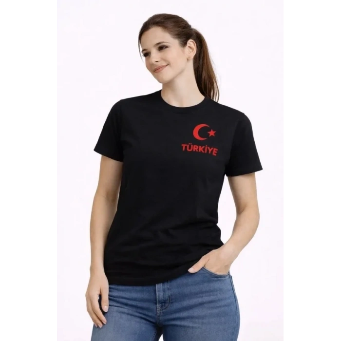 TÜRKİYE Ay Yıldız Baskılı Taraftar Forma T-Shirt - Siyah